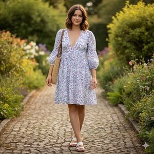 Madison Mathews Block Print Midi blue & pink Flowers Cotton Cottagecore Boho  S